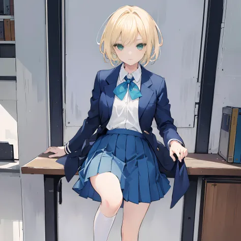 1 girl,short blonde hair,green eyes,wearing a school uniform,consisting of a plain white shirt,a blue ribbon on the shirt,royal blue skirt,navy blue suit coat,brown shoes,long white stockings