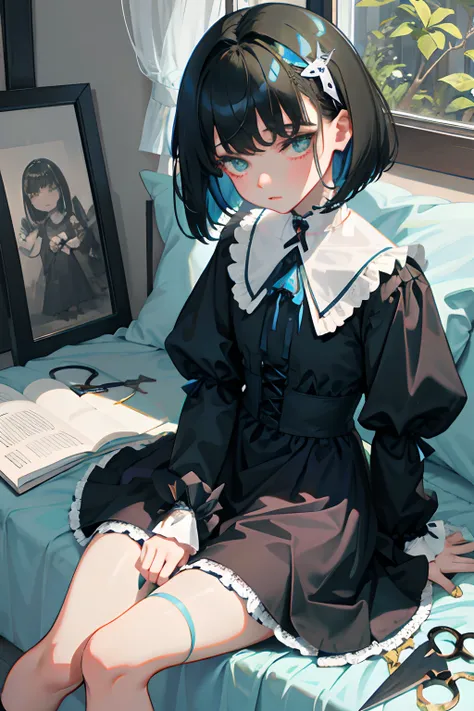 hand between legs，child，（​masterpiece，Highest Quality），shortsleeves，Blue-green Gothic Lolita，Sleepy face，A dark-haired，Medium bob，flipped hair，utility knife，Small scissors，Artistically