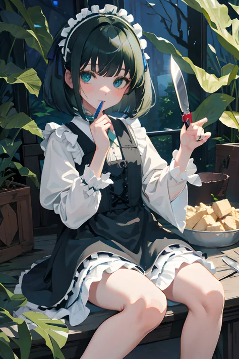 hand between legs，child，（​masterpiece，Highest Quality），shortsleeves，Blue-green Gothic Lolita，Sleepy face，A dark-haired，Medium bob，flipped hair，utility knife，Small scissors，forest