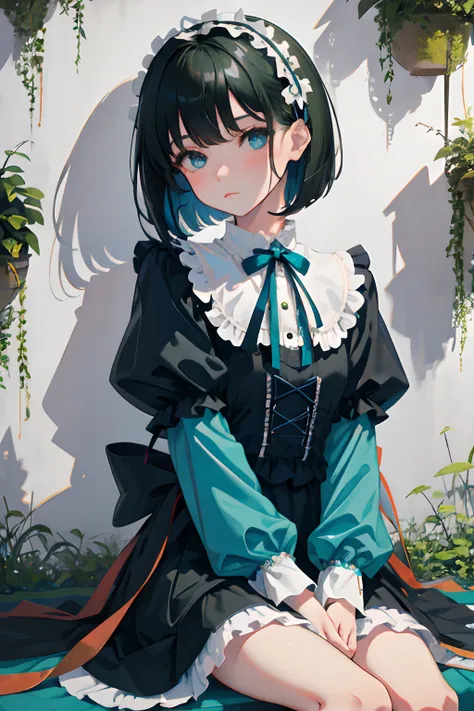 hand between legs，child，（​masterpiece，Highest Quality），shortsleeves，Blue-green Gothic Lolita，Sleepy face，A dark-haired，Medium bob，flipped hair，utility knife，Small scissors，forest