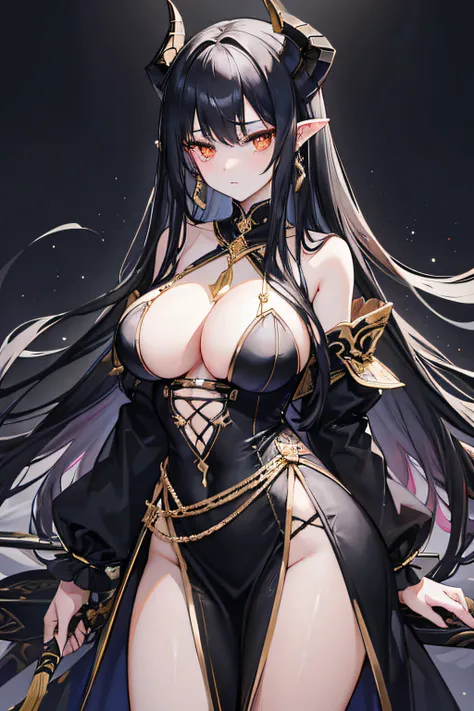 female beauty,1 girl,young woman,black long hair,Long ears,to the waist,tall body,large breasts,breasts size from D38,three elegant polished black horns,sparkling golden eyes,dark tunics,normally navy blue or black, accessory in hair,base color: black, acc...