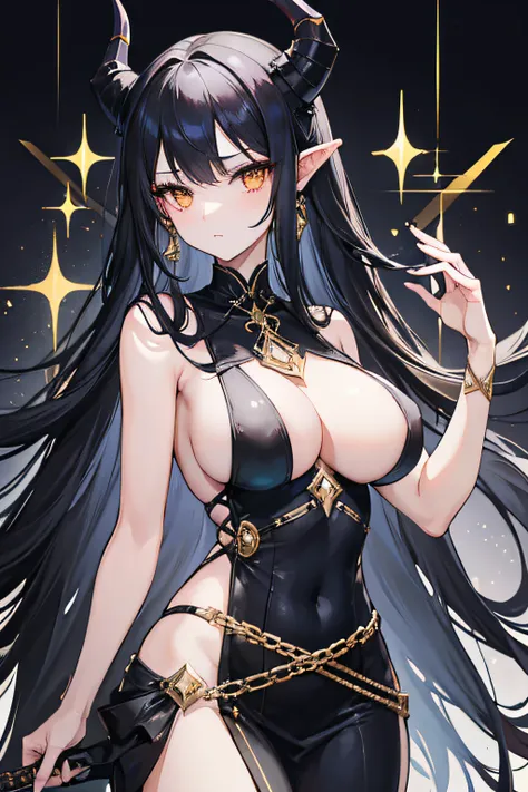 female beauty,1 girl,young woman,black long hair,Long ears,to the waist,tall body,large breasts,breasts size from D38,three elegant polished black horns,sparkling golden eyes,dark tunics,normally navy blue or black, accessory in hair,base color: black, acc...