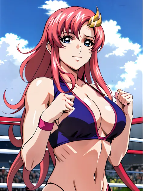 (masterpiece, upper body view, 4K, Best Quality, Anime style: 1.9,, Adult Woman, ultra detailed face, (cloud background, wrestling), Drawing lines, high resolution, Anime, lacus4), 1girl, Solo, curvy figure, Long hair, 鎖骨, scapular, (Detailed wide hair ban...