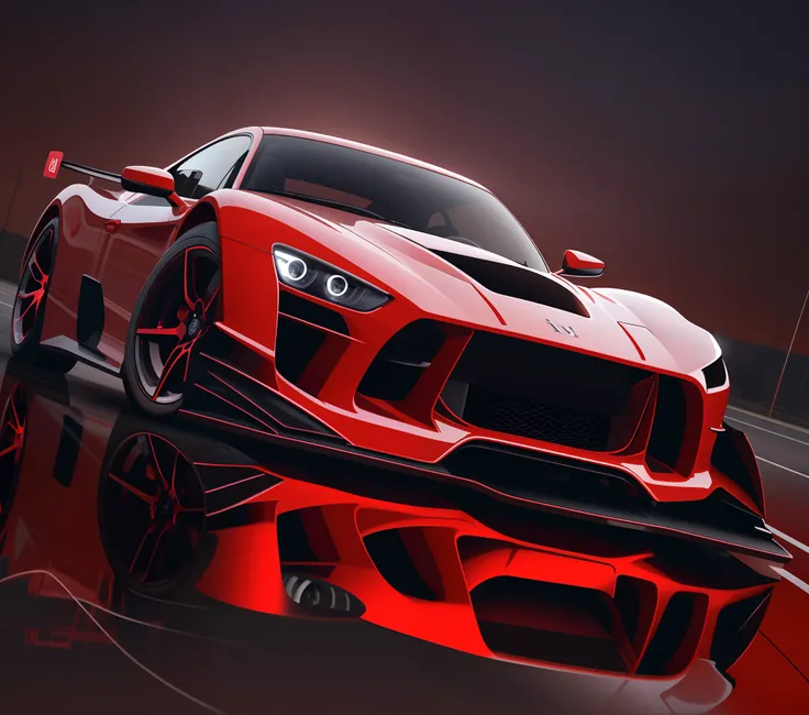 Um closeup de um carro esportivo vermelho, with its reflection on the ground, impressionante estilo de arte detalhado, arte do design automotivo, arte conceitual de carro. Pintura digital, stunning digital illustration, 3d arte digital 4k, Estilo de pintur...