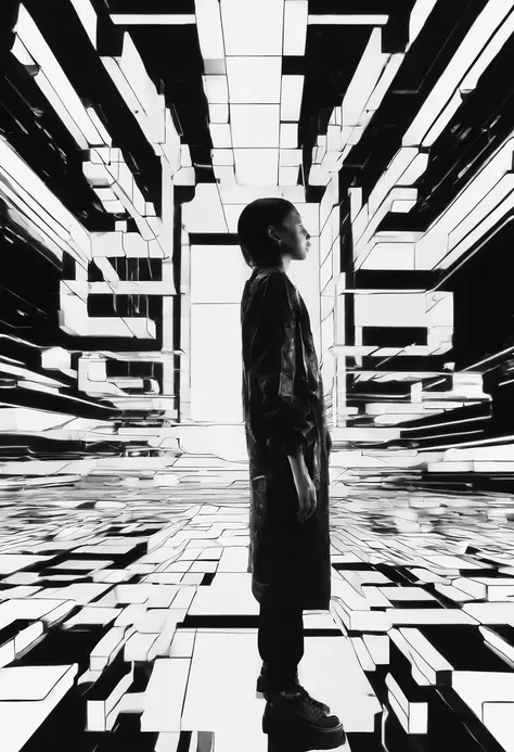 a black and white photo of a person in a room with a mirror, digital art inspired by Ryoji Ikeda, unsplash, video art, 4 k symmetrical portrait, 4k symmetrical portrait, pixelated art, projection mapping, refik anadol, digital sculpture, recursive portrait...