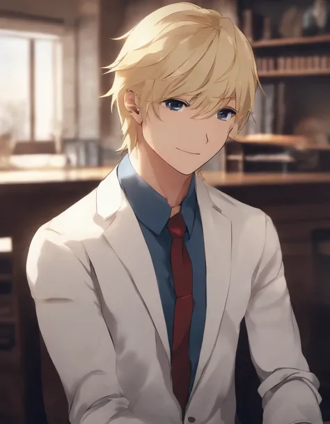 Best picture quality, masterpiece, heavy acrylic, pen touch, film screenshots, avatar, portrait, blonde hair, suit, young man, apathy, anime, pixiv