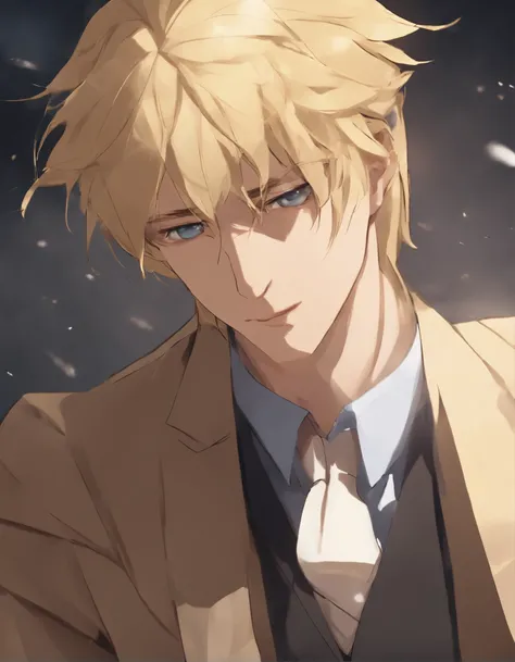 Best picture quality, masterpiece, heavy acrylic, pen touch, film screenshots, avatar, portrait, blonde hair, suit, young man, apathy, anime, pixiv