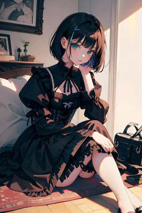 Holding your knees，sitting down on the floor，child，（​masterpiece，Highest Quality），Turquoise Gothic Lolita Fashion，A dark-haired，Medium bob