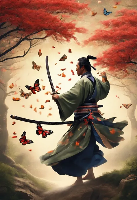 A samurai dancing with butterflies