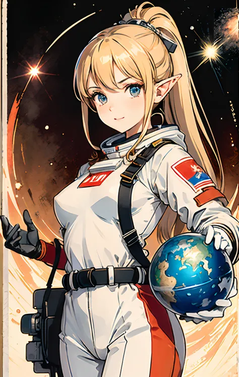 1girl,flat_breasts,cute,beautiful detailed eyes,shiny hair,visible through hair,hairs between eyes, CCCPposter, sovietposter,red monochrome,soviet poster, soviet,communism,
Blonde_hair,green_eyes,elf, ponytail_hair,teenage,poorbreast,Spacesuit:Orange_cloth...