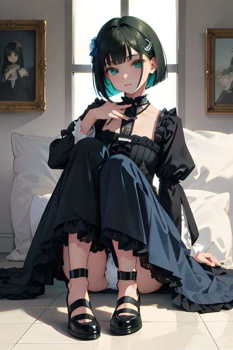 Holding your knees，sitting down on the floor，child，（​masterpiece，Highest Quality），Blue-green Gothic Lolita，A dark-haired，Medium bob