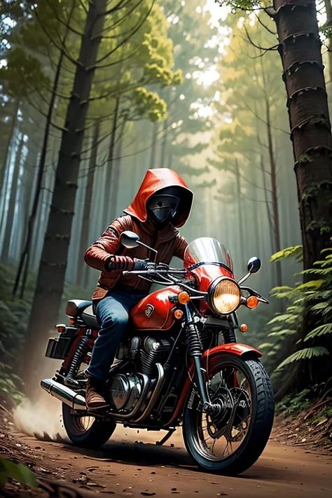 red Jawa motorcycle in forest, classical rider