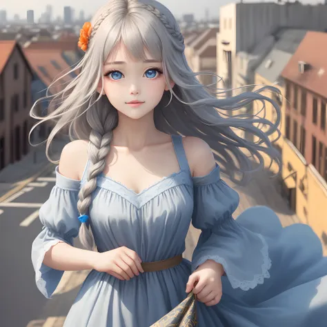 one-girl，，Long flowing hair，Beautiful hair accessories，Orange-gray hair accessories，Blue gauze dress，Fairy air fluttering，Delicate eyes and beautiful face，Round face macro 8K，Delicate eyes and beautiful face，Air bangs，God map，Twist braids，Roof street view ...