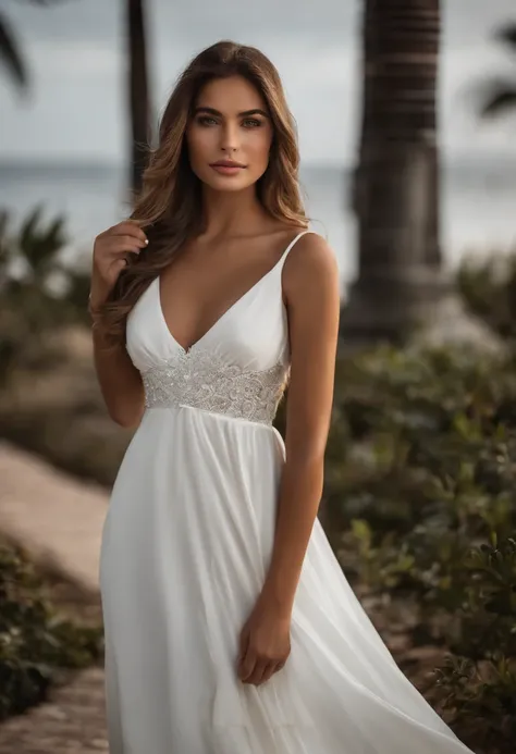 Mulher brasileira com cabelo cacheado crespo usando um vestido branco, liso, flowing silk dress, vestido tecido leve, mulher jovem muito bonita, mulher bonita jovem, mulher jovem bonita, belo rosto jovem, modelo bonito da menina, belo rosto delicado, menin...