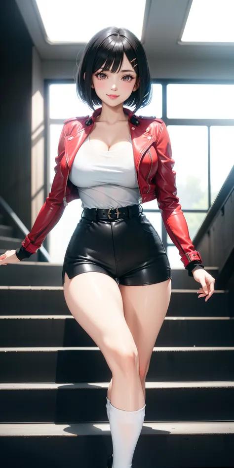 Big breasts ((extroverted sexy girl)) ((Black and White hair, Short Bob cut style)) red eyes, ((light effect on eyes)) extremely exposed sexy body, faux leather jacket, stylish blouse braided by low, stylish short shorts, part of the breasts exposed, white...