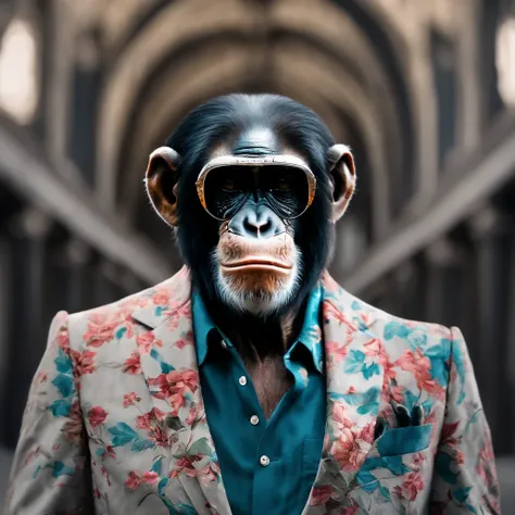 Perfect centralization, chimp, wearing a jacket，vidros de vidro，Rosa da flor, wearing sunglasses, alegria, Standing position, beleza abstrata, Centrado, looking at the camera, Facing the camera, nearing perfection, Dynamic, altamente detalhado, liso, foco ...