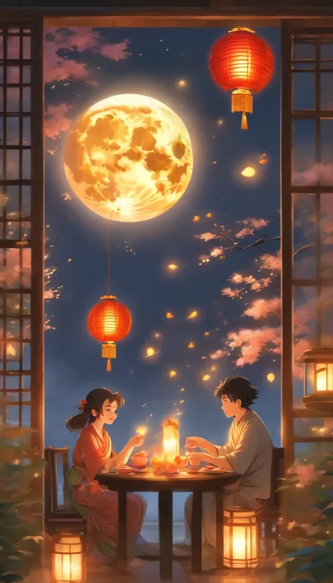 The family sits together, Enjoy a festive dinner, Surrounded by a warm and comfortable atmosphere. The room was beautifully decorated，Equipped with lanterns, Symbolizes the joy of the Mid-Autumn Festival. The table is filled with a variety of delicacies, I...