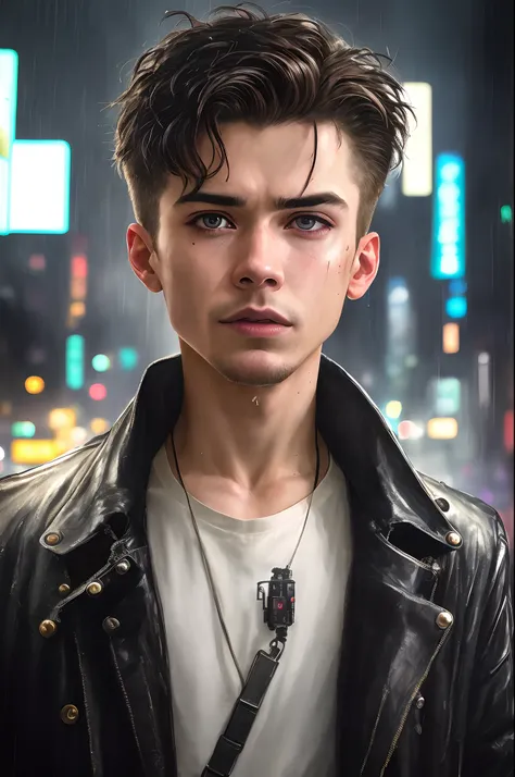 masterpiece, high detail, trending on artstation, realistic, detailed face, overall, a photo of a cyberpunk private detective, young boy, realistic hair, dirty, drone, Blade Runner city, neo lights, dark, rain, night, RAW, canon r6, wide shot, sharp, blurr...