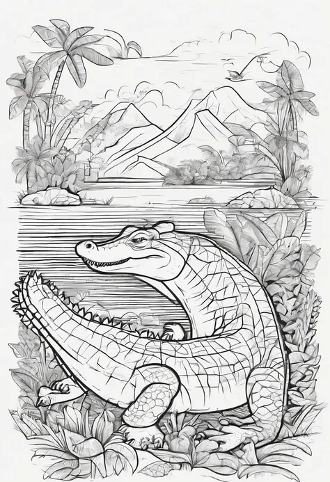 Zoo animals,crocodile , cartoon style, line drawing background, white background, monochrome, line drawing, ((sketch)), for coloring