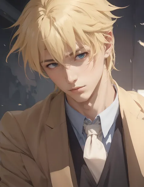 Best picture quality, masterpiece, heavy acrylic, pen touch, film screenshots, avatar, portrait, blonde hair, suit, young man, apathy, anime, pixiv