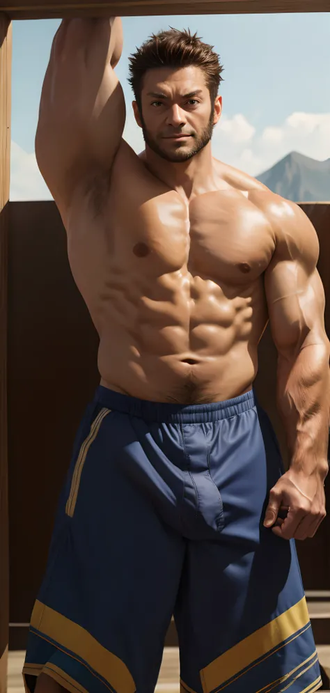 professional photoshooting, Wolverine exercises at the construction site，中景 the scene is，Shirtless，High detail, Super buff and cool, Heads-up view, Fat stature，thick mustache，Fat belly,Loose-fit sports shorts，grey pants，Side of the body，The appearance of a...