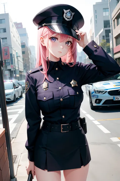 police officer uniform, a cool、 a miniskirt, Semi-long pink hair, Looking at the viewer, Front view,police officers、police officer uniform