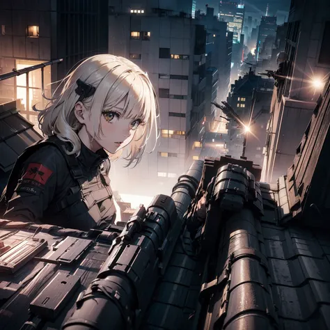 (Trained female soldiers)、((holding rifle、Aim and fire:1.4、guns、h&K HK416))、1 Women、thick body、(Black combat uniform)、(platinum-blonde-hair:1.2)、((超A high resolution))、Detail Write、​masterpiece、top-quality、extremely details CG、8K picture quality、Cinematogr...