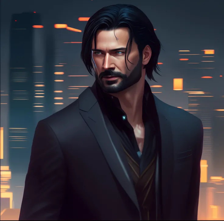 there is a man with a beard and a suit on, portrait of john wick, portrait of a cyberpunk man, beaten tech. neo noir style, handsome stunning realistic, cyberpunk dude, neo noir style, portrait of keanu reeves, cyberpunk portrait, handsome prince of persia...