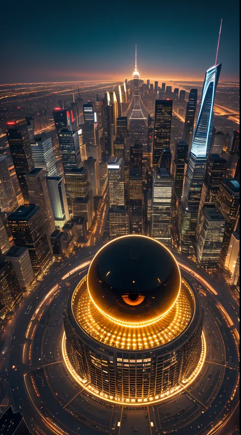 A futuristic cityscape, with towering skyscrapers made of gleaming gold and glass. In the center stands a massive structure resembling a giant eye, its intricate details and golden hue giving off an otherworldly aura.