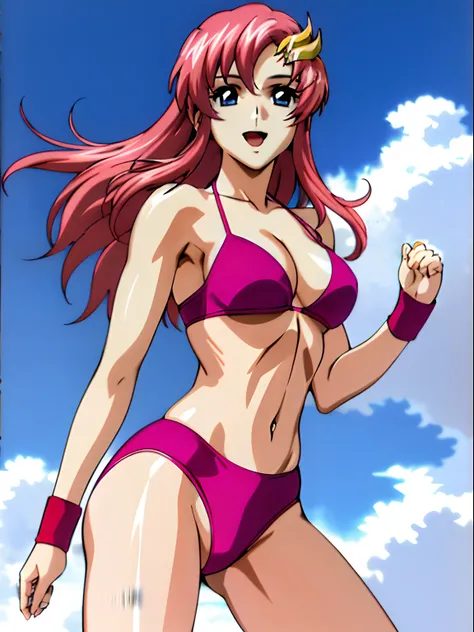 (masterpiece, upper body view, 4K, Best Quality, Anime style: 1.9,, Adult Woman, ultra detailed face, (cloud background, wrestling), Drawing lines, high resolution, Anime, lacus4), 1girl, Solo, curvy figure, Long hair, 鎖骨, scapular, (Detailed wide hair ban...