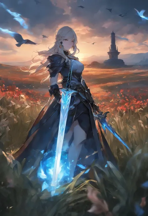 anime character with sword and blue flame in field with birds, guilty gear strive splash art, anime art wallpaper 4k, anime art wallpaper 4 k, anime art wallpaper 8 k, 2. 5 d cgi anime fantasy artwork, epic fantasy digital art style, 4k detailed digital ar...