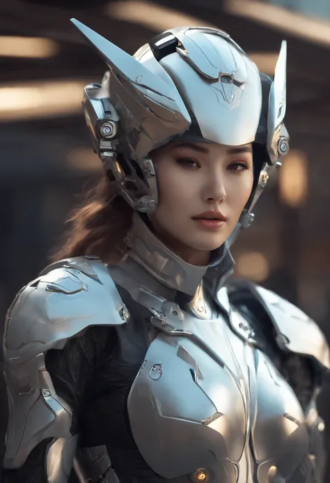 a woman in a futuristic outfit with a futuristic helmet and a futuristic sword, trending on cgstation, trending at cgstation, portrait knights of zodiac girl, cute cyborg girl, perfect android girl, portrait anime space cadet girl, beutiful girl cyborg, gi...