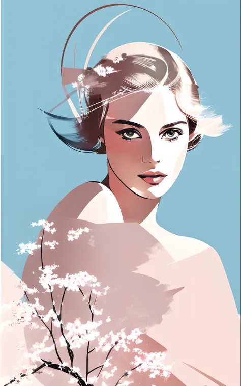 David Downton fashion illustration, line art image, artistic brushstrokes, elegant blonde woman, gentle, cute, elegant dress, spring city, blossom tree, pastel color, beige, gray, light blue, gentle pink, change background light background, airy