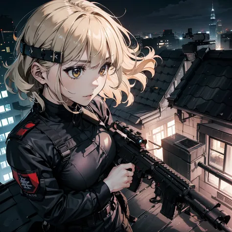 (Trained female soldiers)、((Aim and fire your rifle:1.4、Sniper regime、guns、h&K HK416))、1 Women、thick body、(Black combat uniform)、(platinum-blonde-hair:1.2)、((超A high resolution))、Detail Write、​masterpiece、top-quality、extremely details CG、8K picture quality...