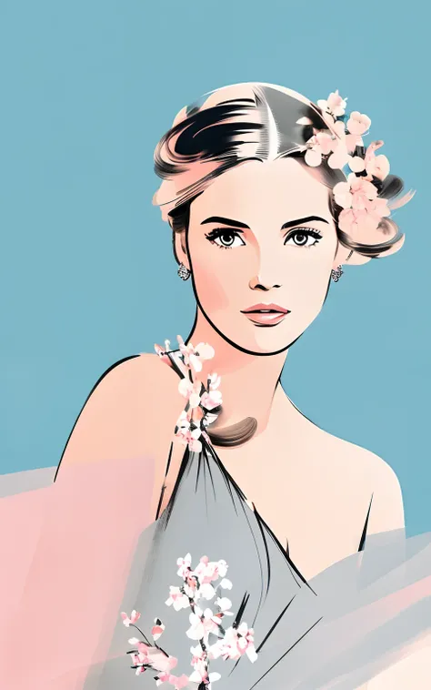 David Downton fashion illustration, line art image, artistic brushstrokes, elegant blonde woman, gentle, cute, elegant dress, spring city, blossom tree, pastel color, beige, gray, light blue, gentle pink, change background light background, airy