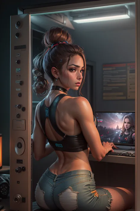 fotorealistisch, 8k ultra detailliert, Gamer Girl , tan skin, gorgeous face, Stunning body, Micro-Minirock, Shiny crop top, Shows back, riesiger arsch, im gaming zimmer