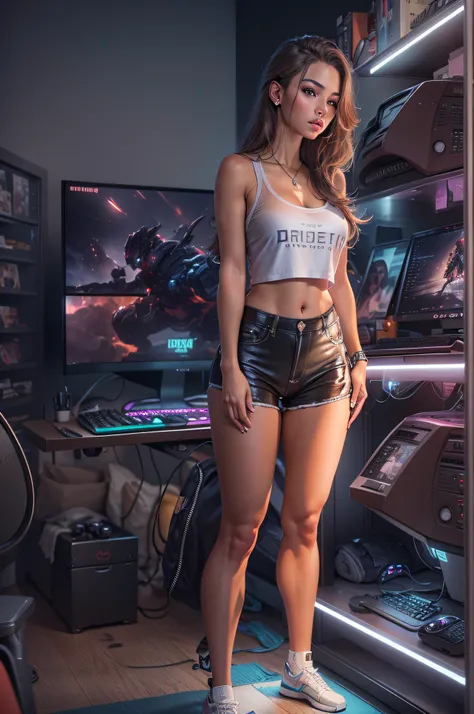 fotorealistisch, 8k ultra detailliert, Gamer Girl , tan skin, gorgeous face, Stunning body, Micro-Minirock, Shiny crop top, Shows back, riesiger arsch, im gaming zimmer