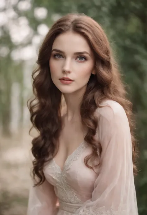 Beautiful and seductive medieval girl with big gray eyes, dark lashes, reddish-brown hair with soft wide curls, Smooth skin, White & Milky, with a pink blush on the cheekbones, big mouth, Jamočka on a round podborodka.