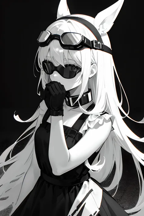 monochrome, greyscale, solo, black background, 1girl, cross, simple background, horror (theme), goggles, dress, goggles on head, faceless, black theme