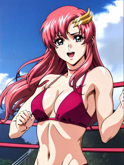 (masterpiece, upper body view, 4K, Best Quality, Anime style: 1.9,, Adult Woman, ultra detailed face, (cloud background, wrestling), Drawing lines, high resolution, Anime, lacus4), 1girl, Solo, curvy figure, Long hair, 鎖骨, scapular, (Detailed wide hair ban...