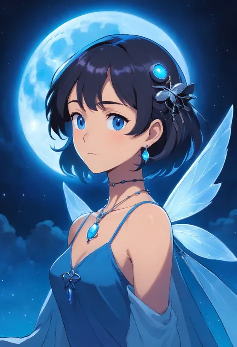 Cover for a story with a drawing of a black fairy with a moon-shaped necklace and a bright blue light