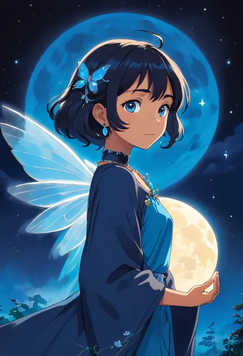 Cover for a story with a drawing of a black fairy with a moon-shaped necklace and a bright blue light