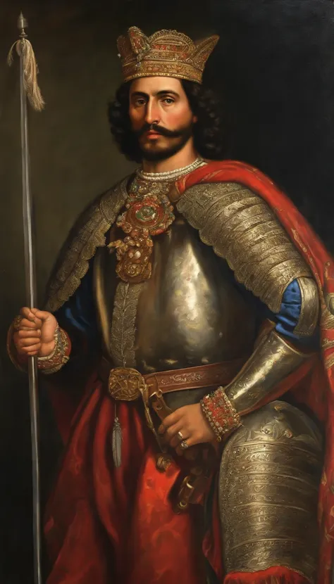 (best quality,ultra-detailed,realistic:1.37), oil painting, Hernán Cortés conqueror of Mexico, long flowing garments, religious motifs, ultra-detailed depiction of his face and accessories, vibrant colors, dramatic lighting