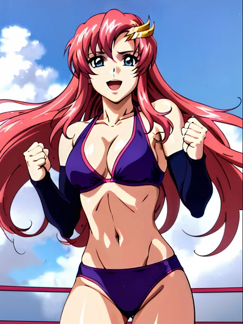 (masterpiece, upper body view, 4K, Best Quality, Anime style: 1.9,, Adult Woman, ultra detailed face, (cloud background, wrestling), Drawing lines, high resolution, Anime, lacus4), 1girl, Solo, curvy figure, Long hair, 鎖骨, scapular, (Detailed wide hair ban...