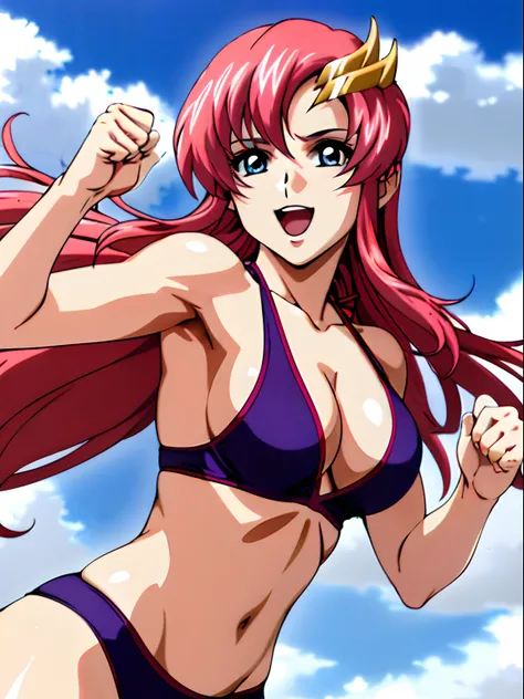 (masterpiece, upper body view, 4K, Best Quality, Anime style: 1.9,, Adult Woman, ultra detailed face, (cloud background, wrestling), Drawing lines, high resolution, Anime, lacus4), 1girl, Solo, curvy figure, Long hair, 鎖骨, scapular, (Detailed wide hair ban...