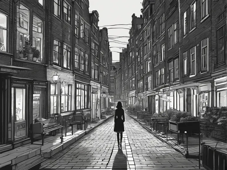 an award winning picture, black&white film noir atmosphere, photorealistic, (best detailed: 1.5), of the red windows of Amsterdam, best detailed picture in (black and white:1.5), a picture of a street on the river, you see the length of the street, the bui...