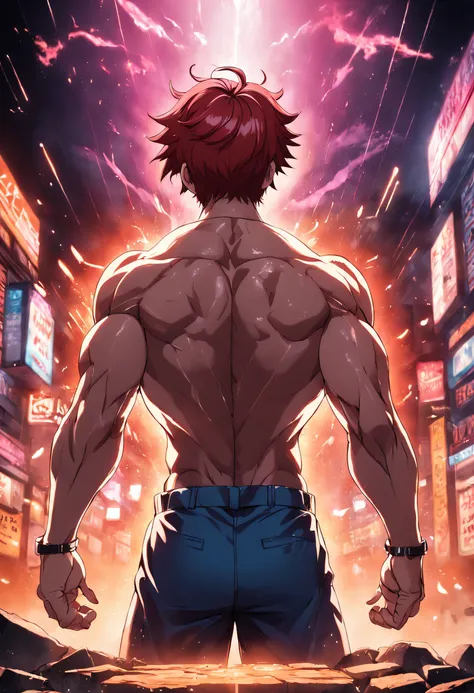 baki hanma,baki, alta qualidade,(Beautiful), ((master part)),cores vibrantes, sozinho,1st grade, Foco masculino, manly, musculoso, musculoso masculino, red hair, sozinho, cabelo espetado,not shirt, black pant, from behind,