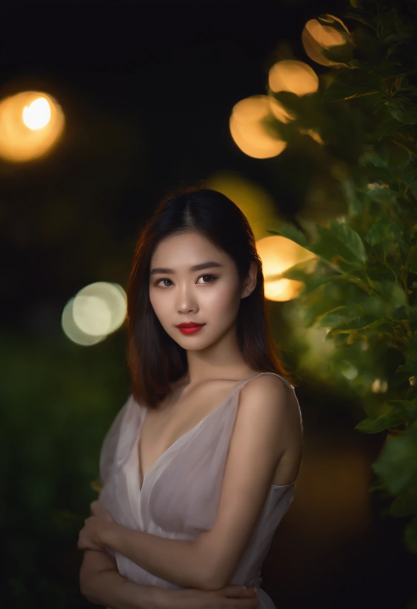 violaceaess, gardeniass, Asian girl, Upper body, Idol face, Night, neonlight, Digital SLR, view the viewer, Natural, candid, Sophisticated, Youthful, Professional lighting, filmgrain