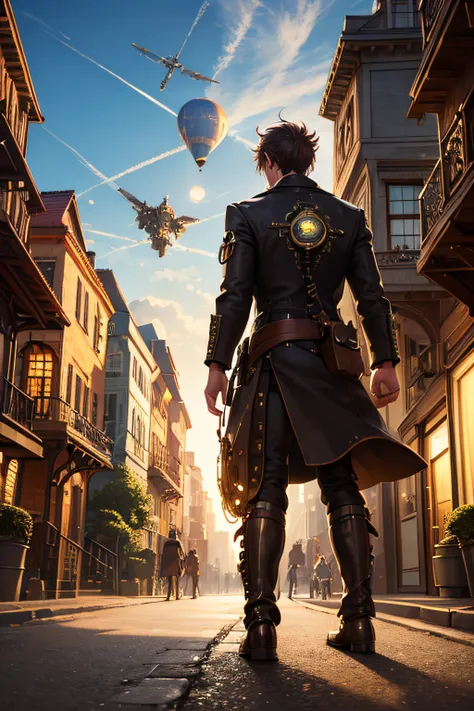 (light,steampunk,shiny),male walking on a street, bulding, house, people on the street, machines, cogs, robots,sun in the sky, mechanic hot air balloon