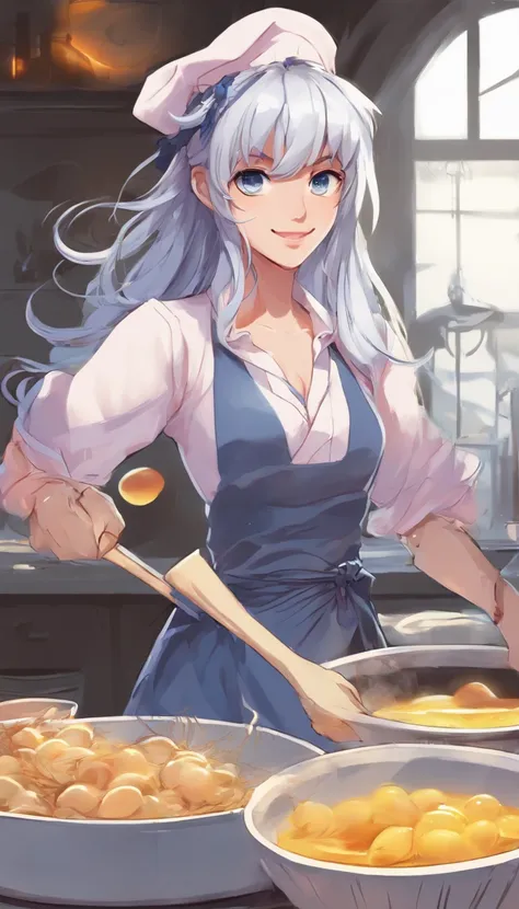 (Best quality, Ultra-detailed, photo-realistic:1.37), Silver-haired woman, Fantastic blue eyes, Happy woman beating eggs with chopsticks, Soft lighting, pink apron, illustration, bangs, Flowing hair, Gentle breeze, Shiny hair, Thick egg whites, Close-up of...